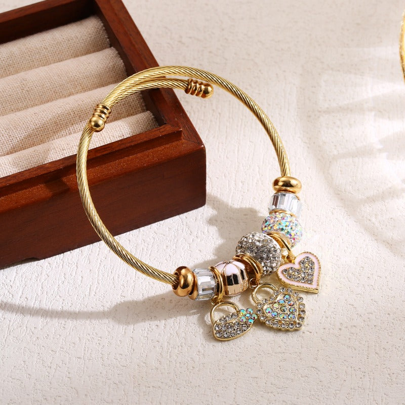 Wholesale Fashionable All-match Diamond Stainless Steel Heart Pendant Couple Adjustable Bracelet